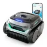 WYBOT C2 robotic pool cleaner, grey with a teal front trim and blue light bar, beside a phone showing the WYBOT app