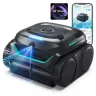 WYBOT C2 Vision robotic pool cleaner with front camera beams drawn in blue, an AI Vision label and a phone showing the app